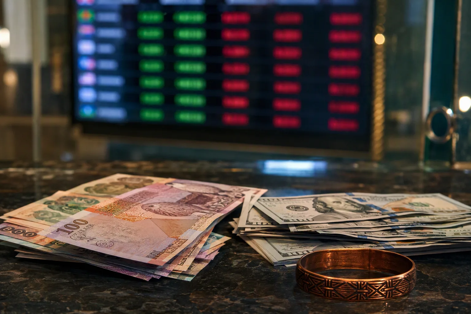 Kwacha and dollar notes side by side on a forex bureau counter, a glowing exchange board blurred behind