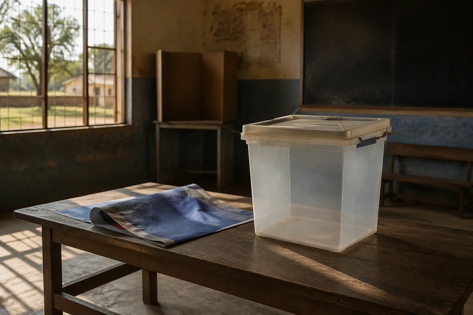 An unused ballot box on a schoolroom desk beside a folded campaign poster, sunlight through the window