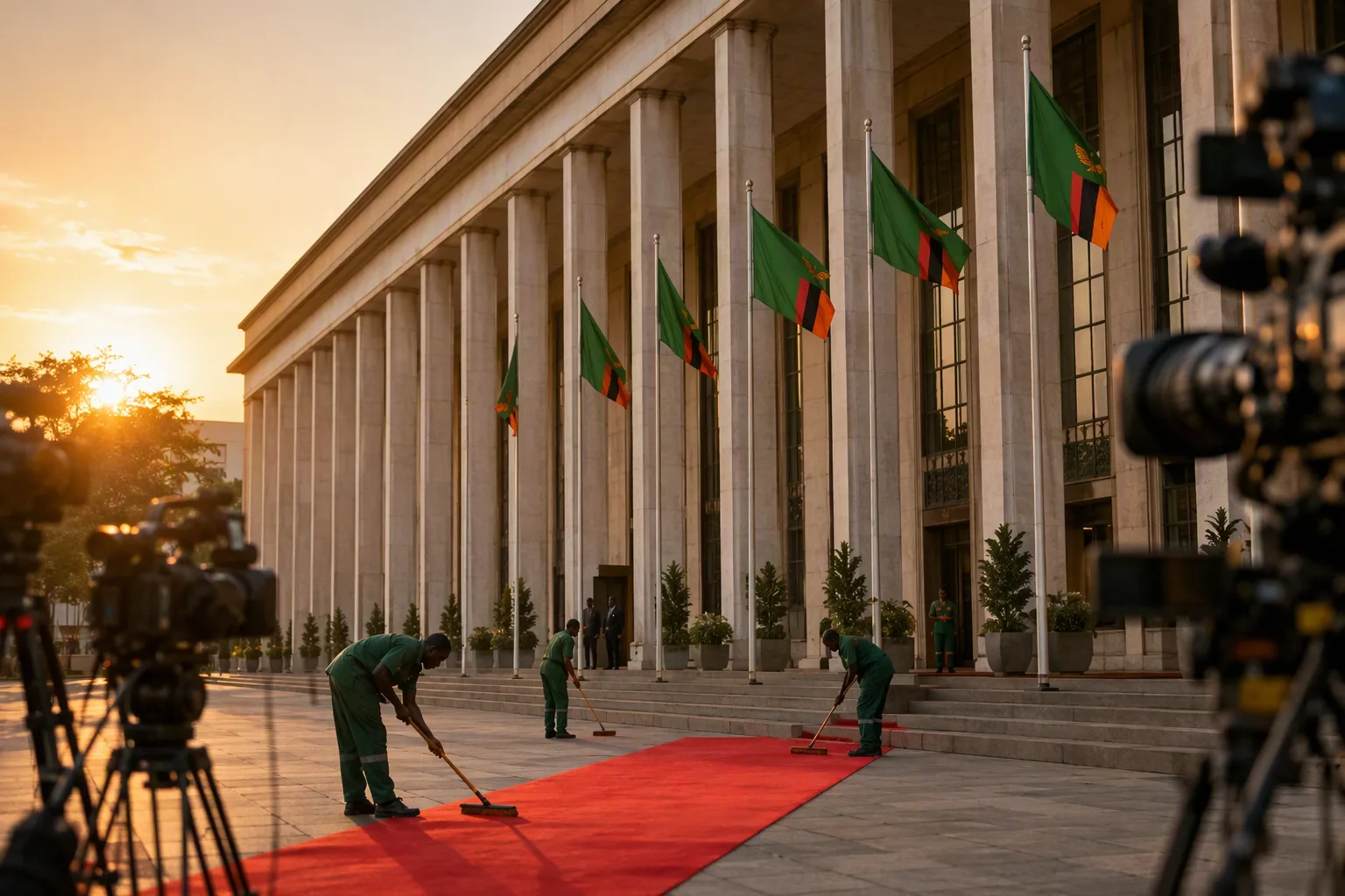 The colonnaded facade of Parliament Buildings in Lusaka at dawn, flags raised, a red carpet being prepared, press cameras waiting