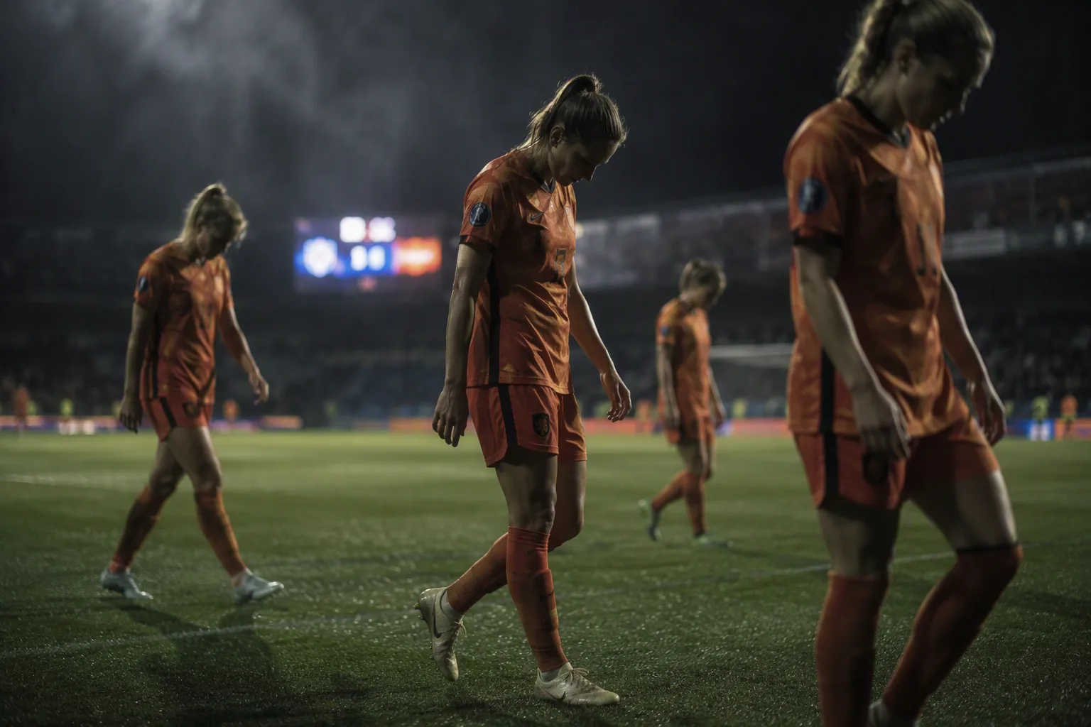 Women footballers in copper-orange kits walking off a floodlit pitch, heads lowered, scoreboard glow behind