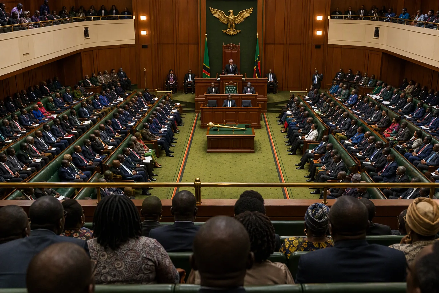 The chamber of Zambia's National Assembly seen from the public gallery during a presidential address, green benches, a raised podium, the ceremonial mace