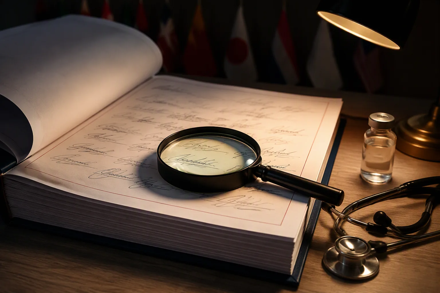 A magnifying glass on the signature page of a thick international agreement, a stethoscope beside it under desk-lamp light