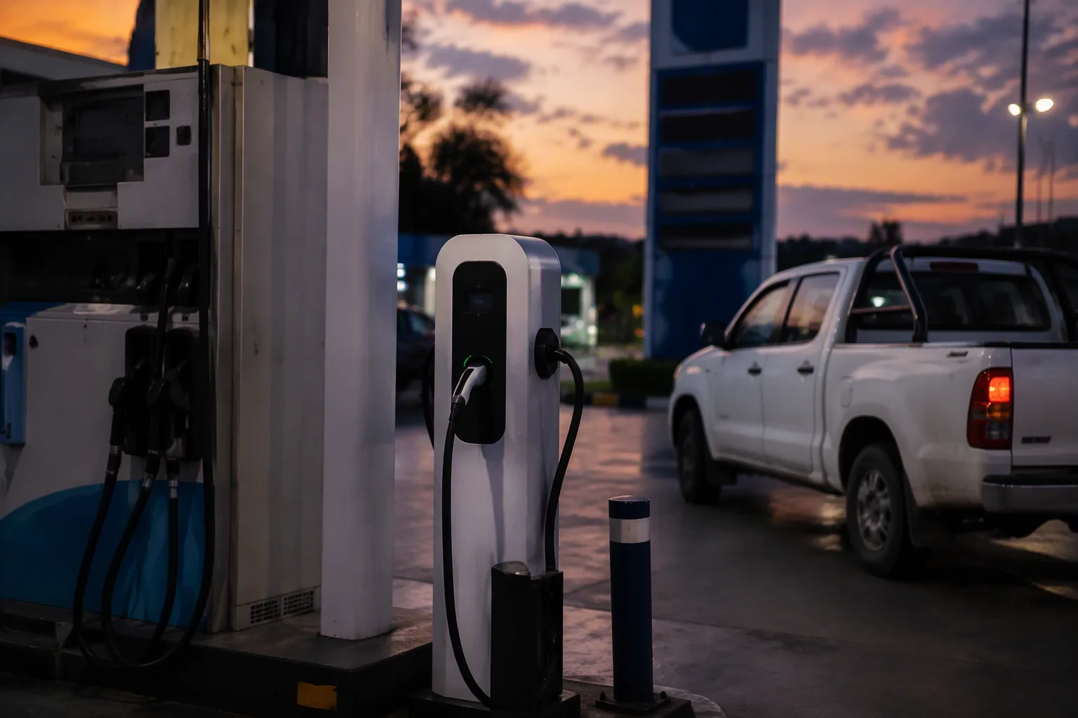 A fuel pump beside a new electric vehicle charging point at a Lusaka service station at dusk, an unlit price board behind