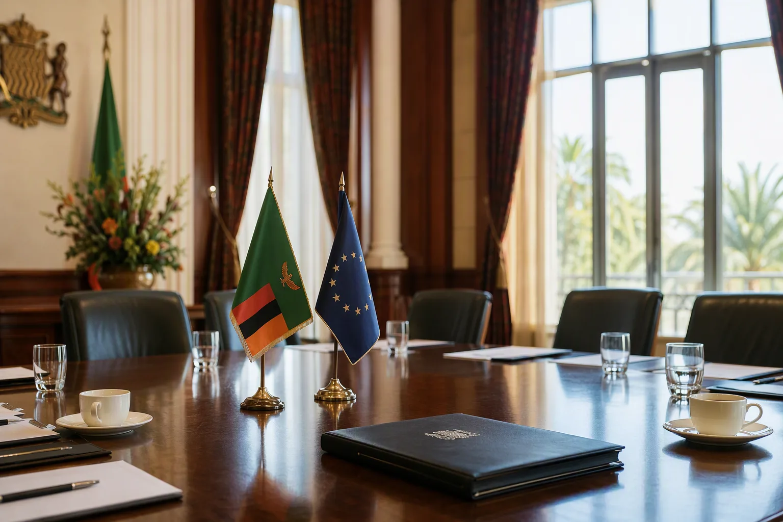 A polished State House boardroom table set for a visiting economic mission, flag stands, a closed document folder, morning light