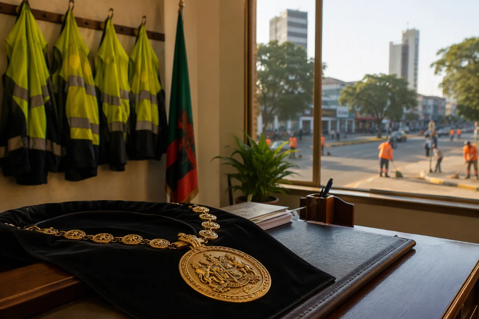 A mayoral chain and medallion on a desk at a Zambian civic centre, hi-vis council vests behind, street cleaners through the window