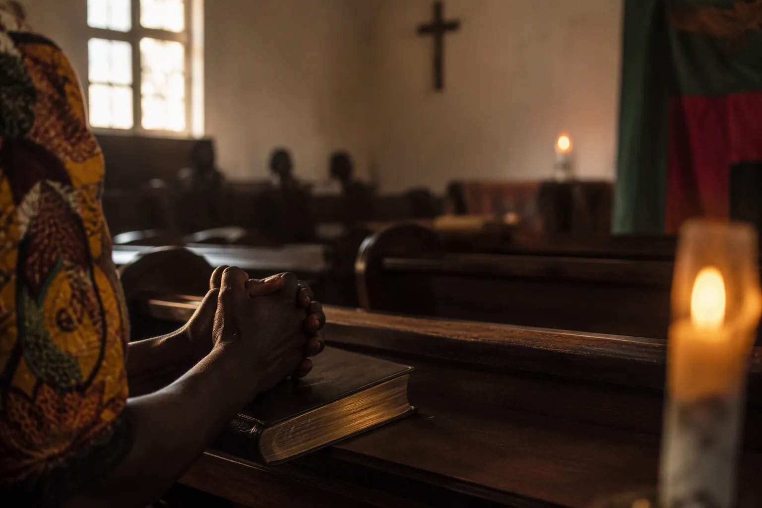 The quiet interior of a Zambian church, wooden pews, clasped hands on a hymnal, candlelight