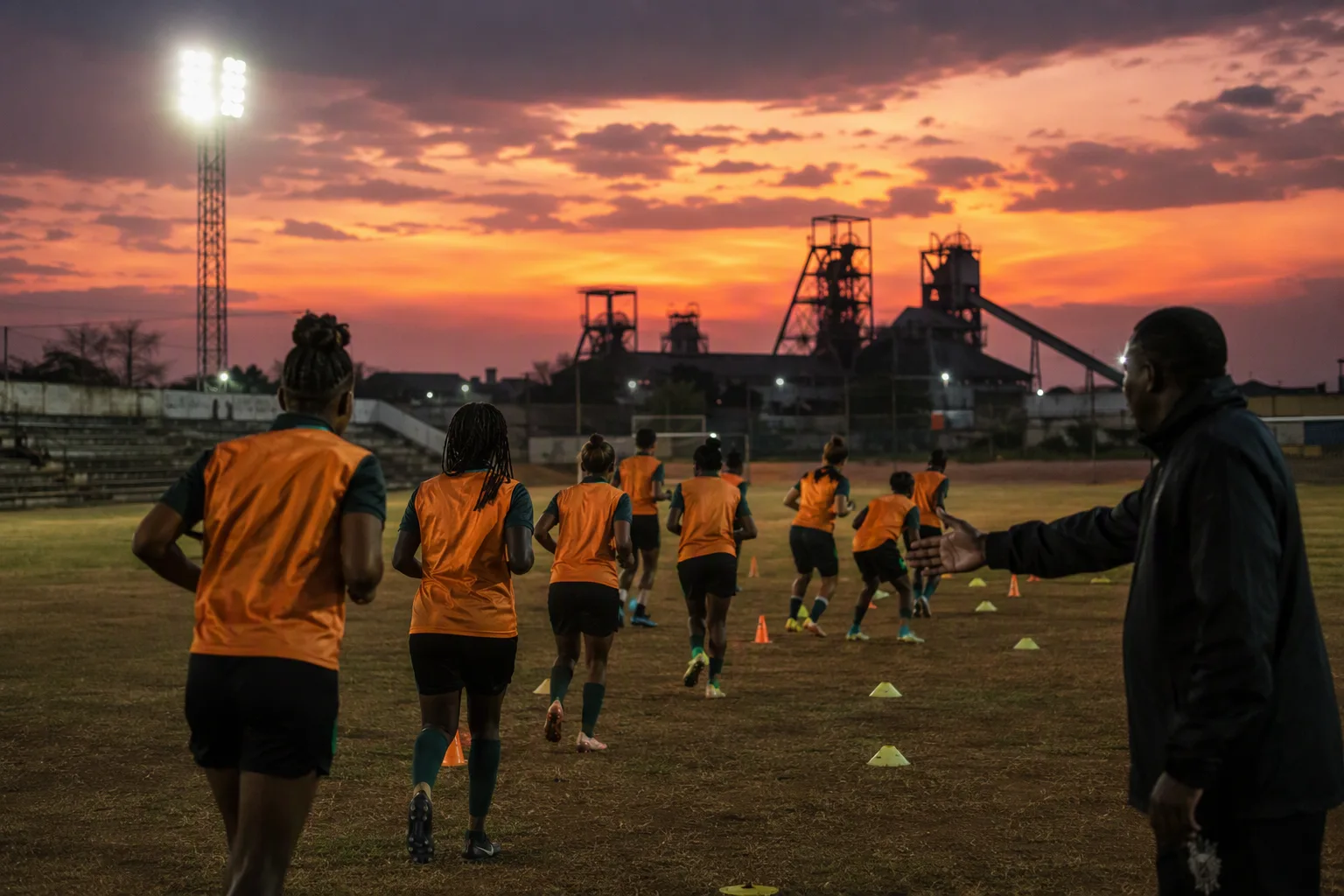 Women footballers in copper-orange training bibs running drills on a floodlit Ndola pitch at dusk