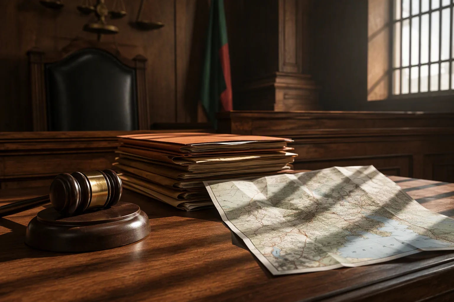 A magistrate's bench with a gavel, case files and a folded road map of North-Western Zambia