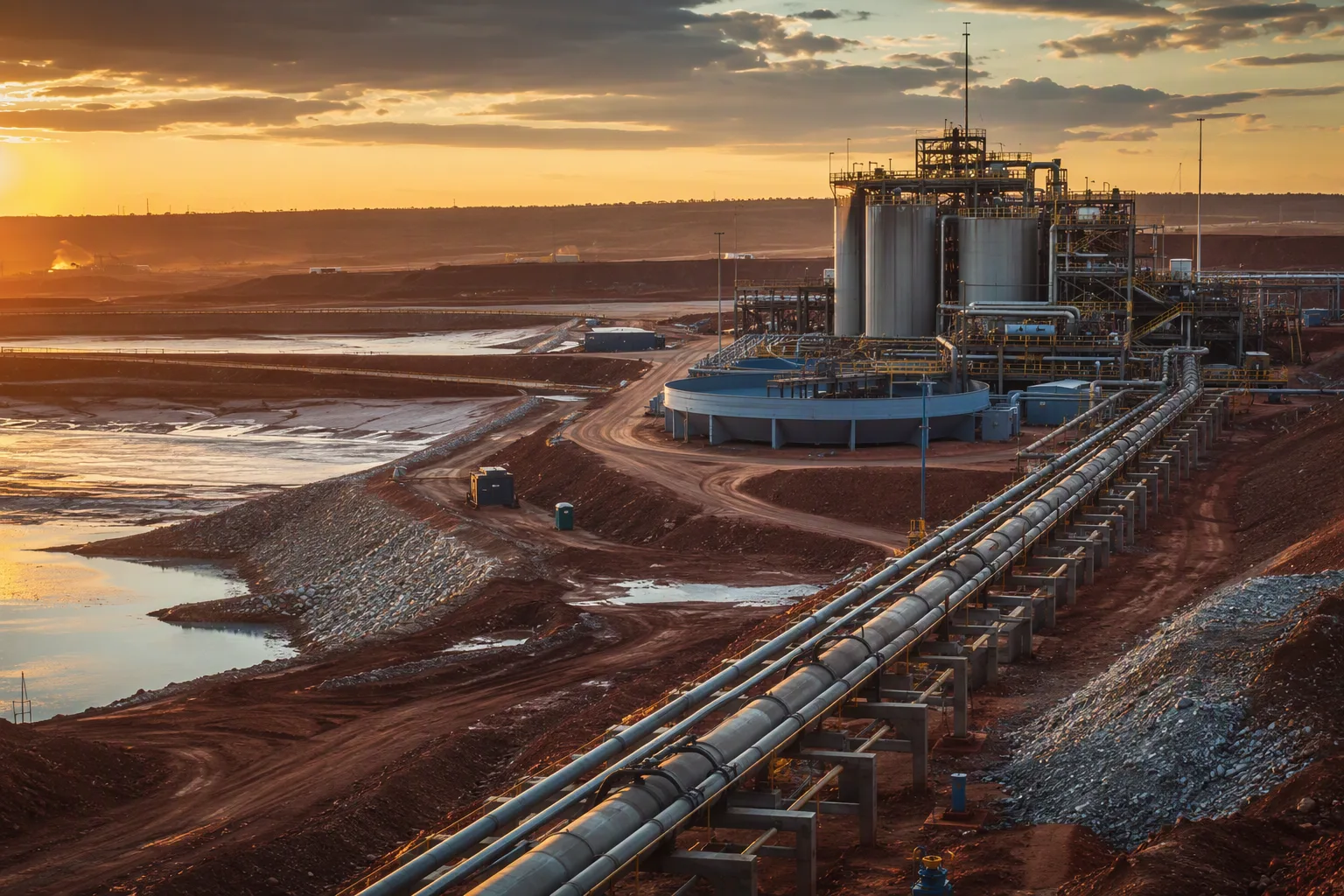 Terraced mine tailings and a processing plant on the Copperbelt at golden hour