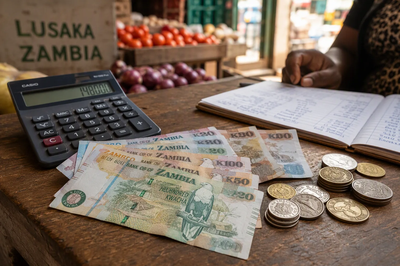 Zambian kwacha banknotes and coins on a trader's counter beside a calculator