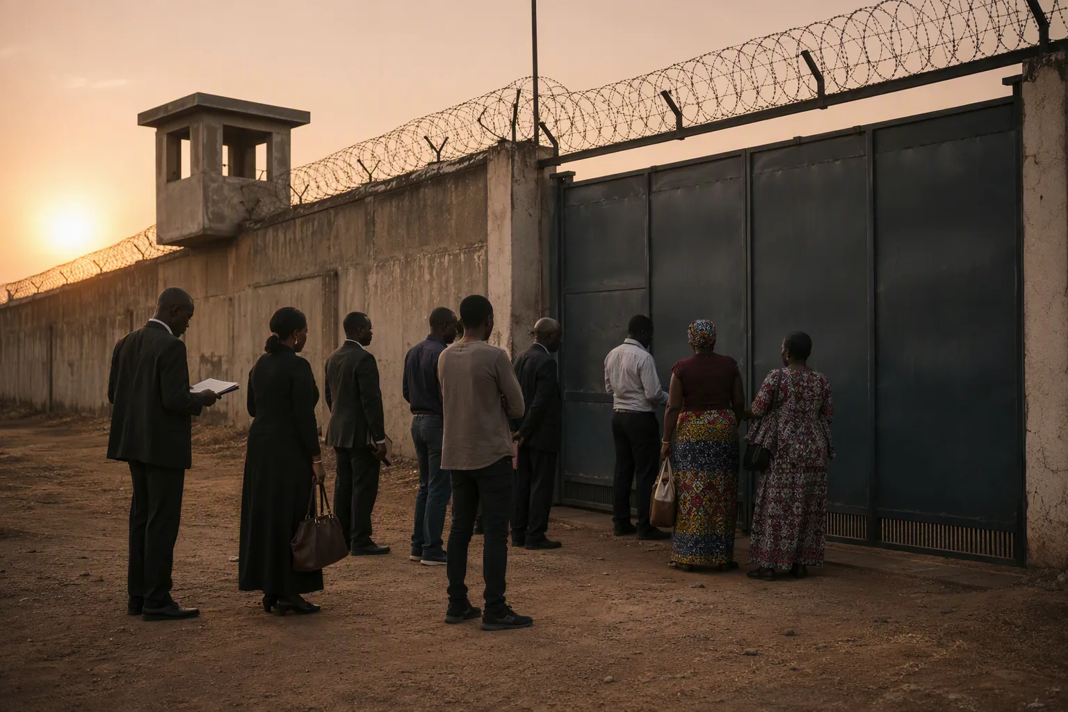 A maximum-security prison perimeter wall and closed gate at dawn