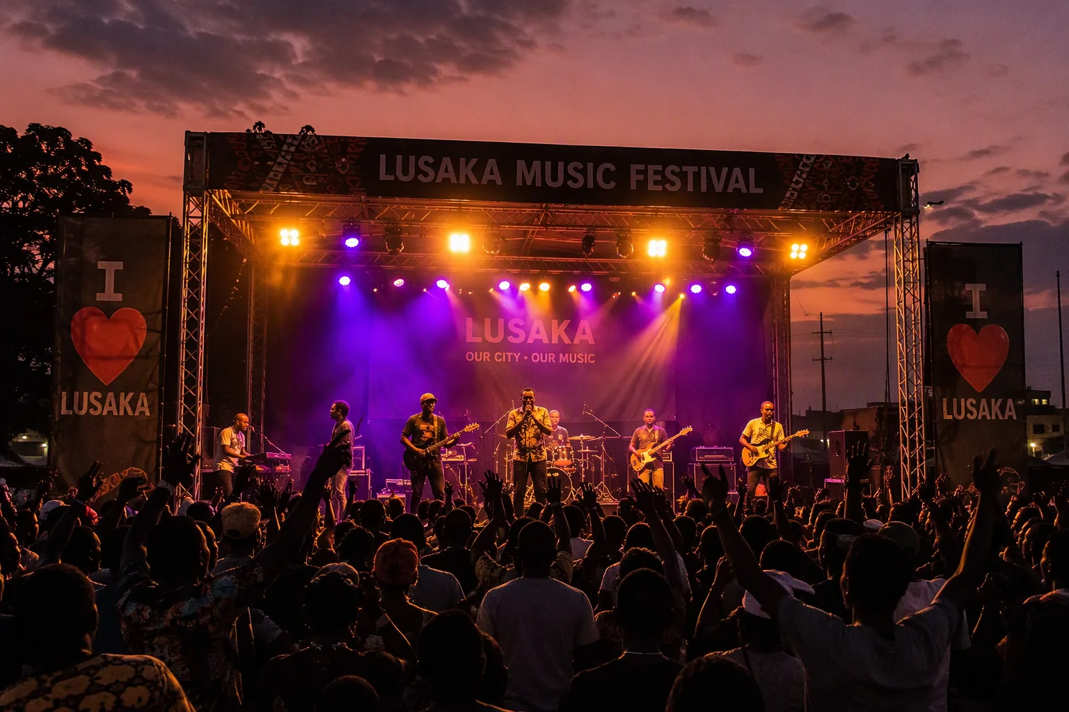 A festival stage and silhouetted crowd at dusk in Lusaka