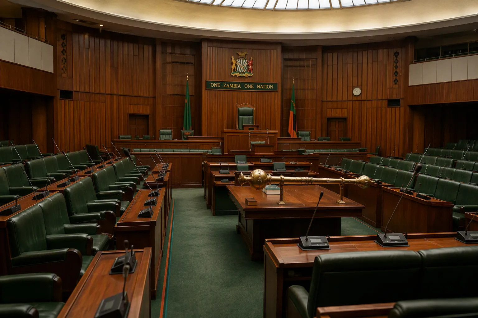 The empty chamber of Zambia's National Assembly before a sitting