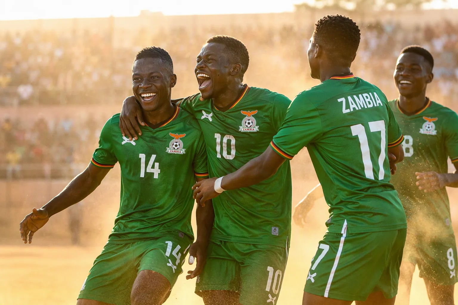 Young footballers in green celebrating a goal in golden sunlight