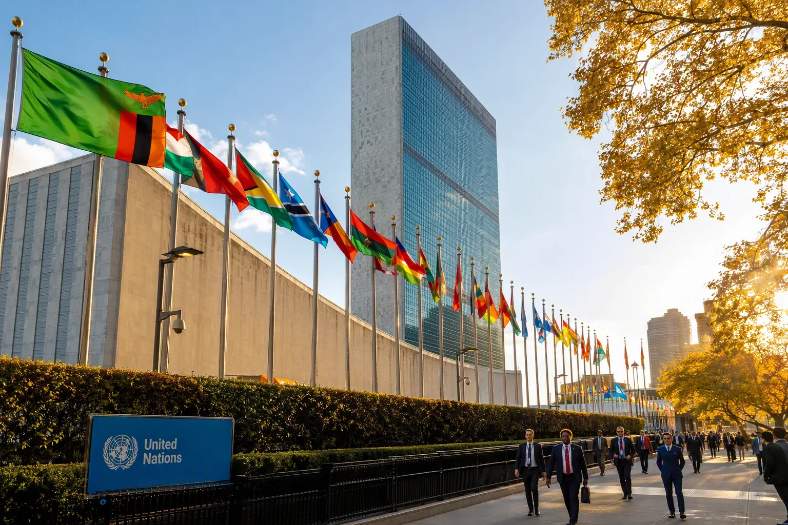 Member-state flags flying outside the United Nations headquarters in New York