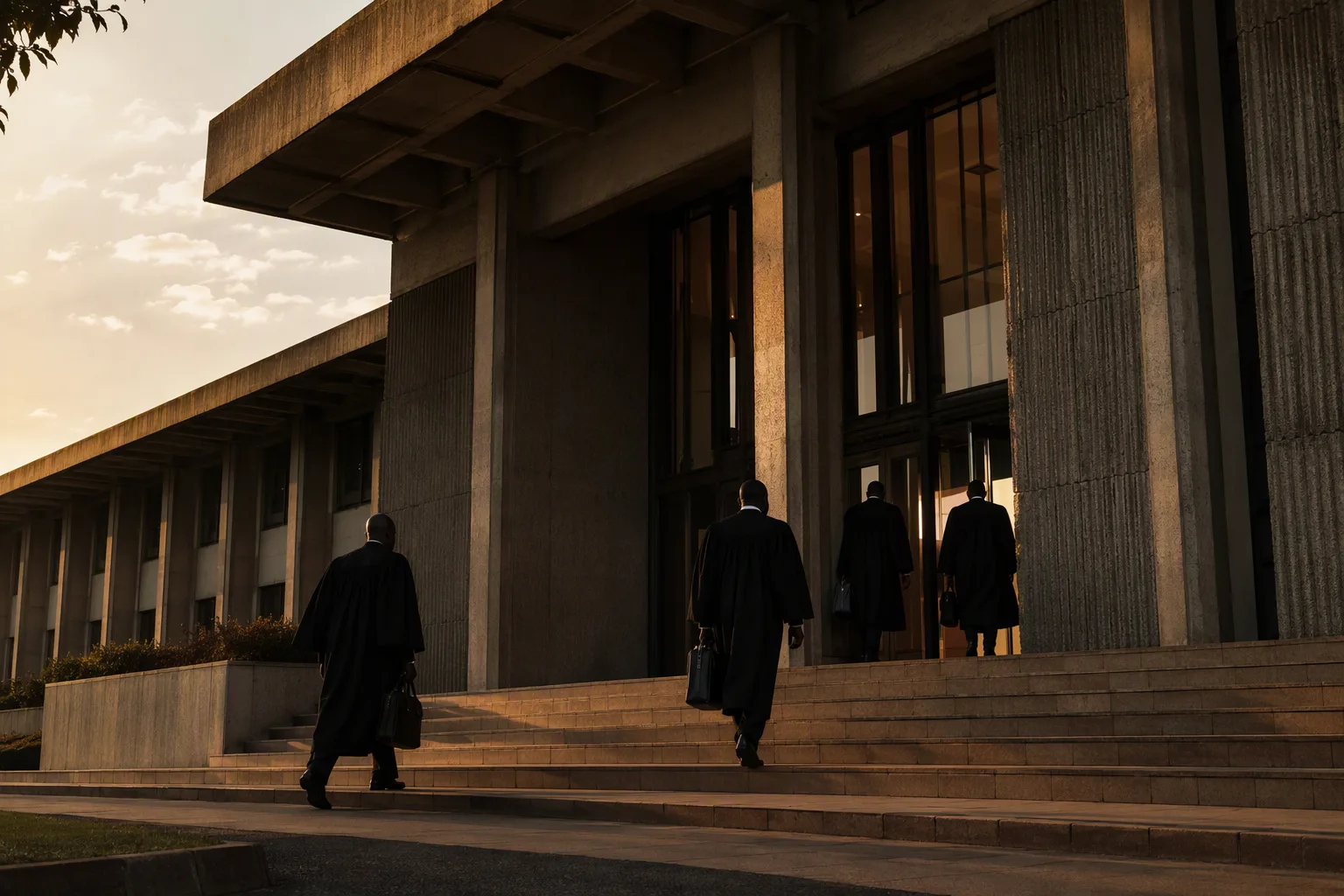 The entrance steps of a Zambian High Court building in early morning light