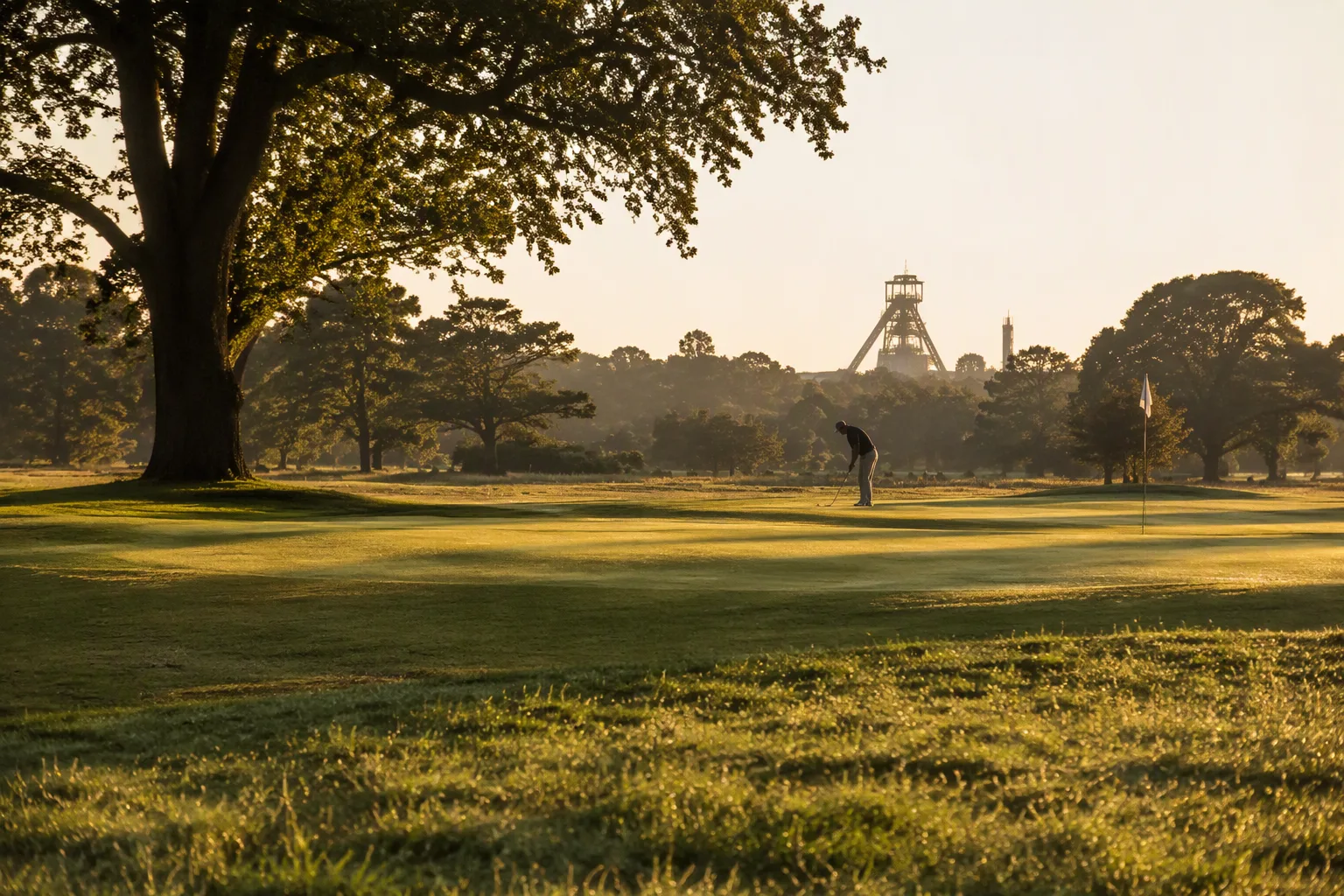 A dewy golf course green in the early morning with trees and distant mine headgear