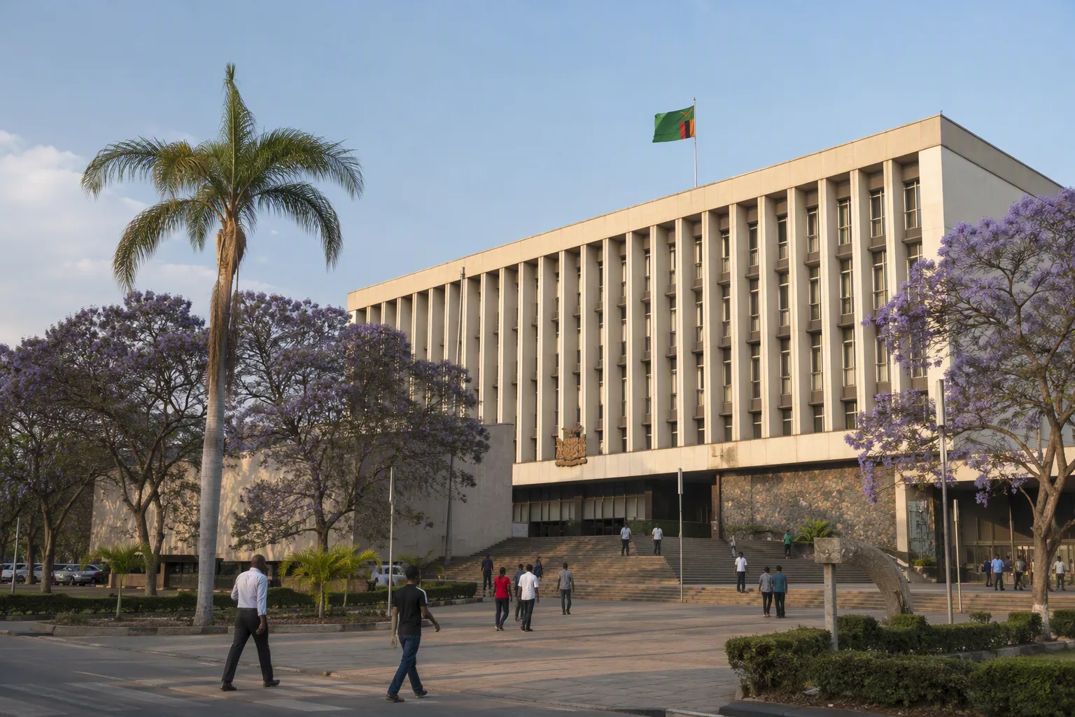 A civic city hall building with a Zambian flag flying in late afternoon light