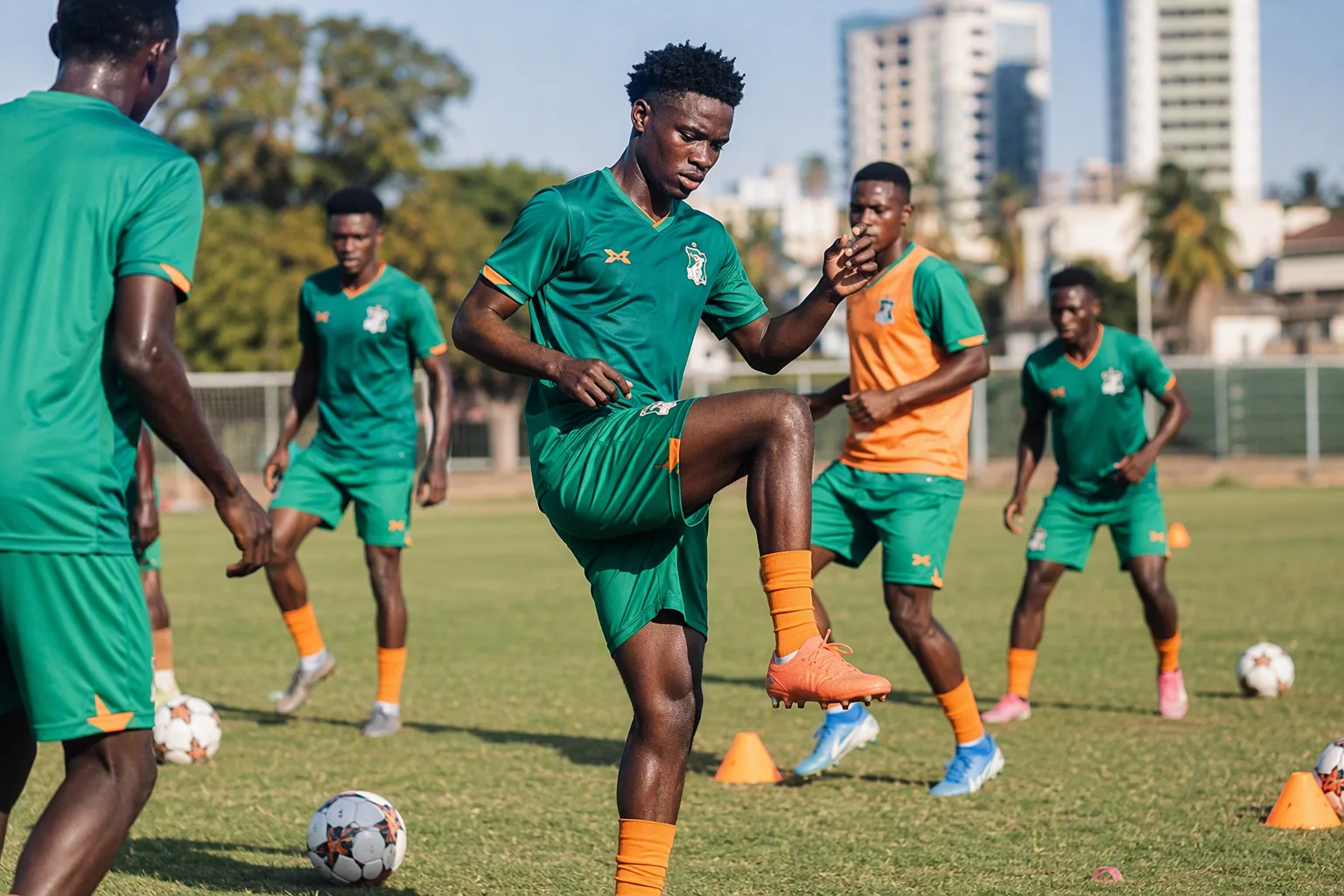 Young footballers in green and orange training kits warming up on a pitch in the morning