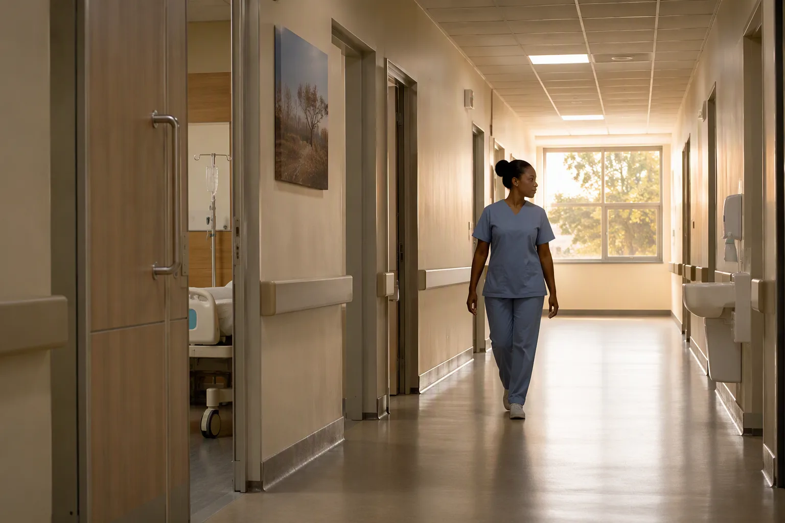 A quiet corridor of a cancer treatment hospital with a nurse walking past ward doors