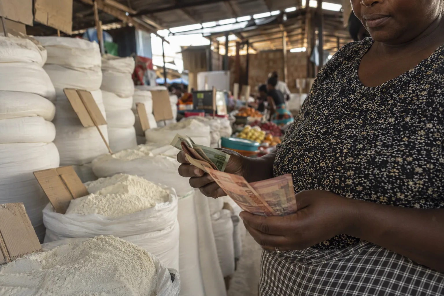 A Lusaka market stall stacked with sacks of mealie meal and handwritten price cards