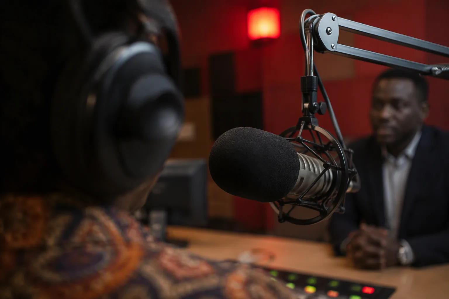 A broadcast microphone in a radio studio with a warm on-air glow behind it