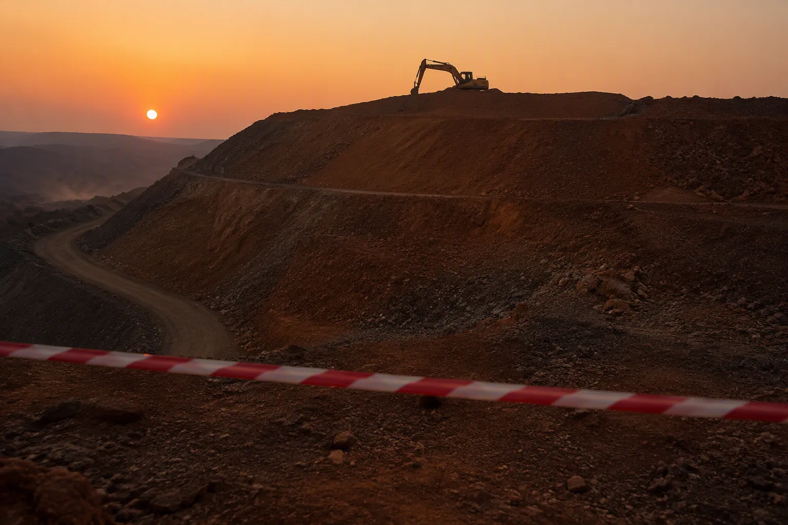 A terraced copper-mine waste dumpsite at dusk with an excavator silhouetted at the top