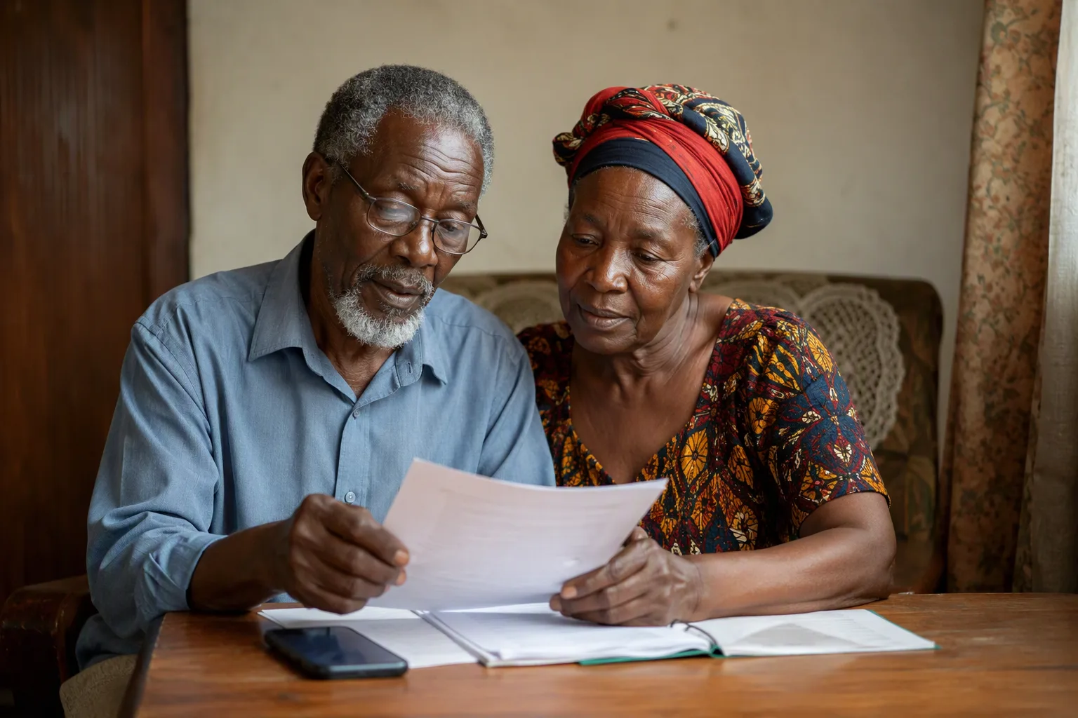 An elderly Zambian couple at their home table reviewing pension papers with a mobile phone