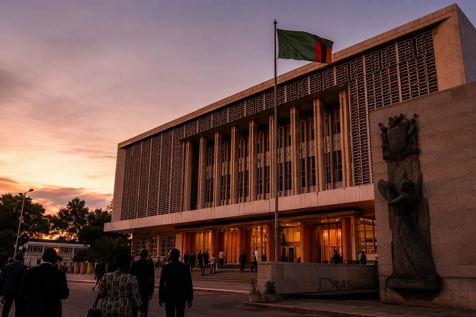 The National Assembly of Zambia parliament building in Lusaka at dusk