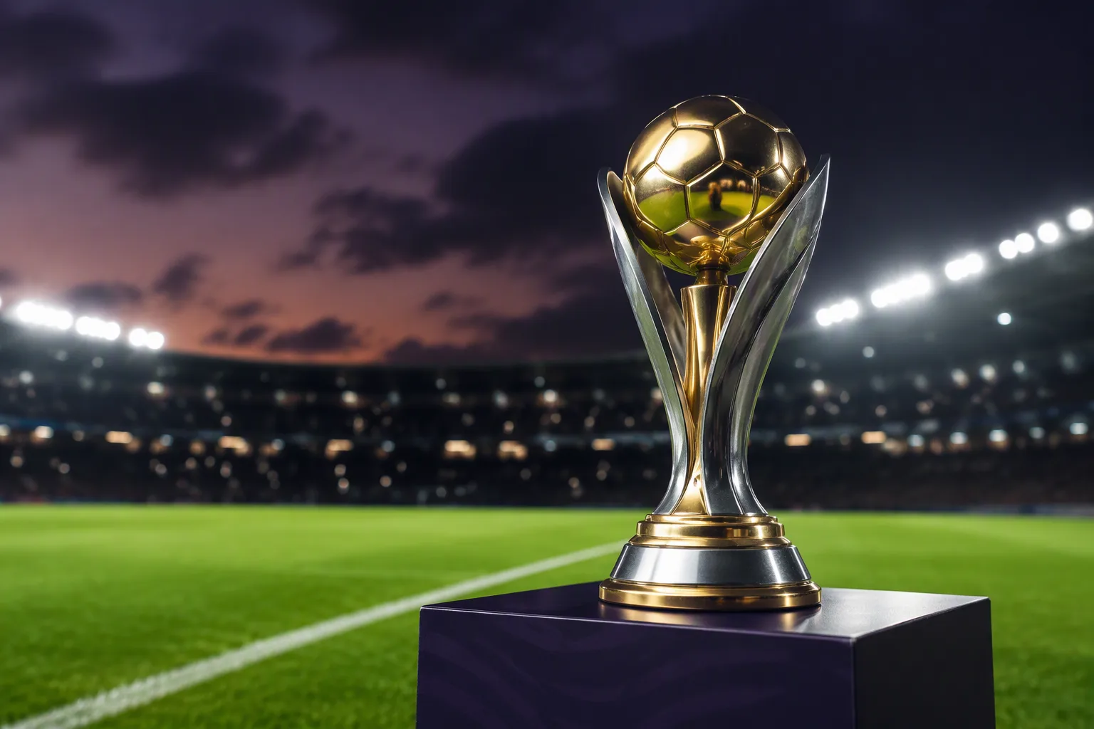 A gold and silver football trophy on a podium beside a floodlit pitch at dusk