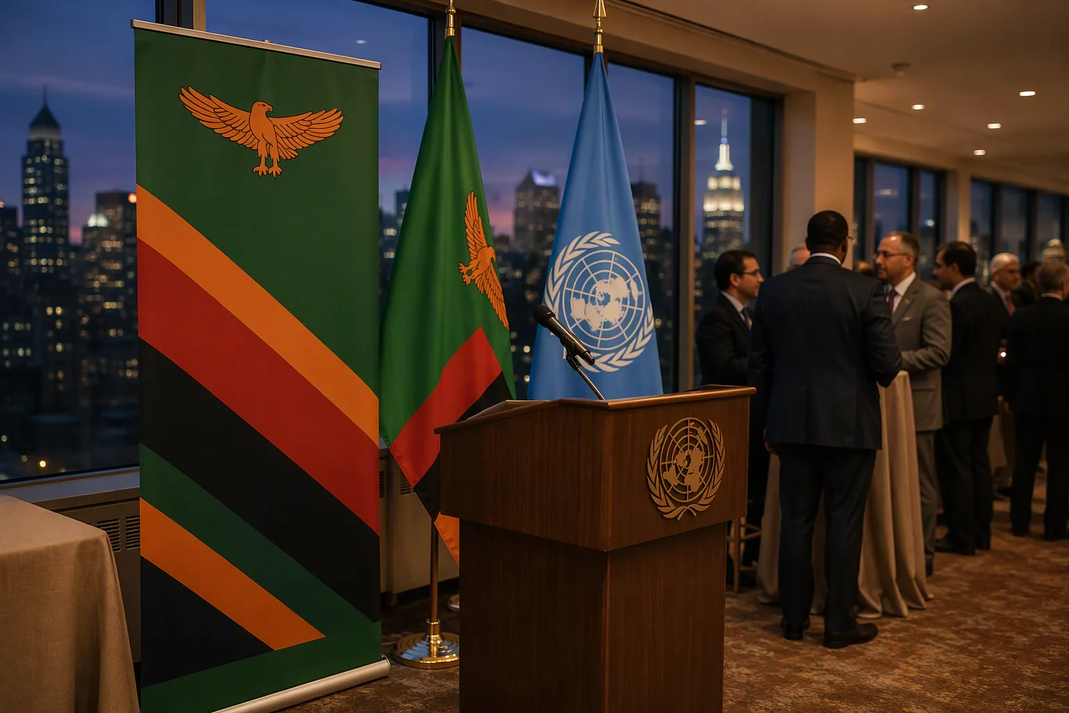 A podium with the Zambian and United Nations flags beside a campaign banner at a New York reception