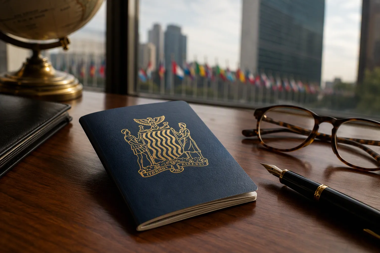 A dark blue Zambian passport on a desk with UN flags blurred through a window behind