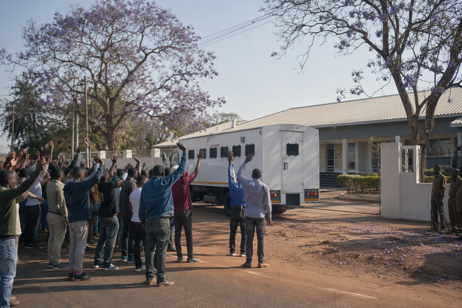 A crowd of supporters waving as a white correctional service bus arrives at a small court building