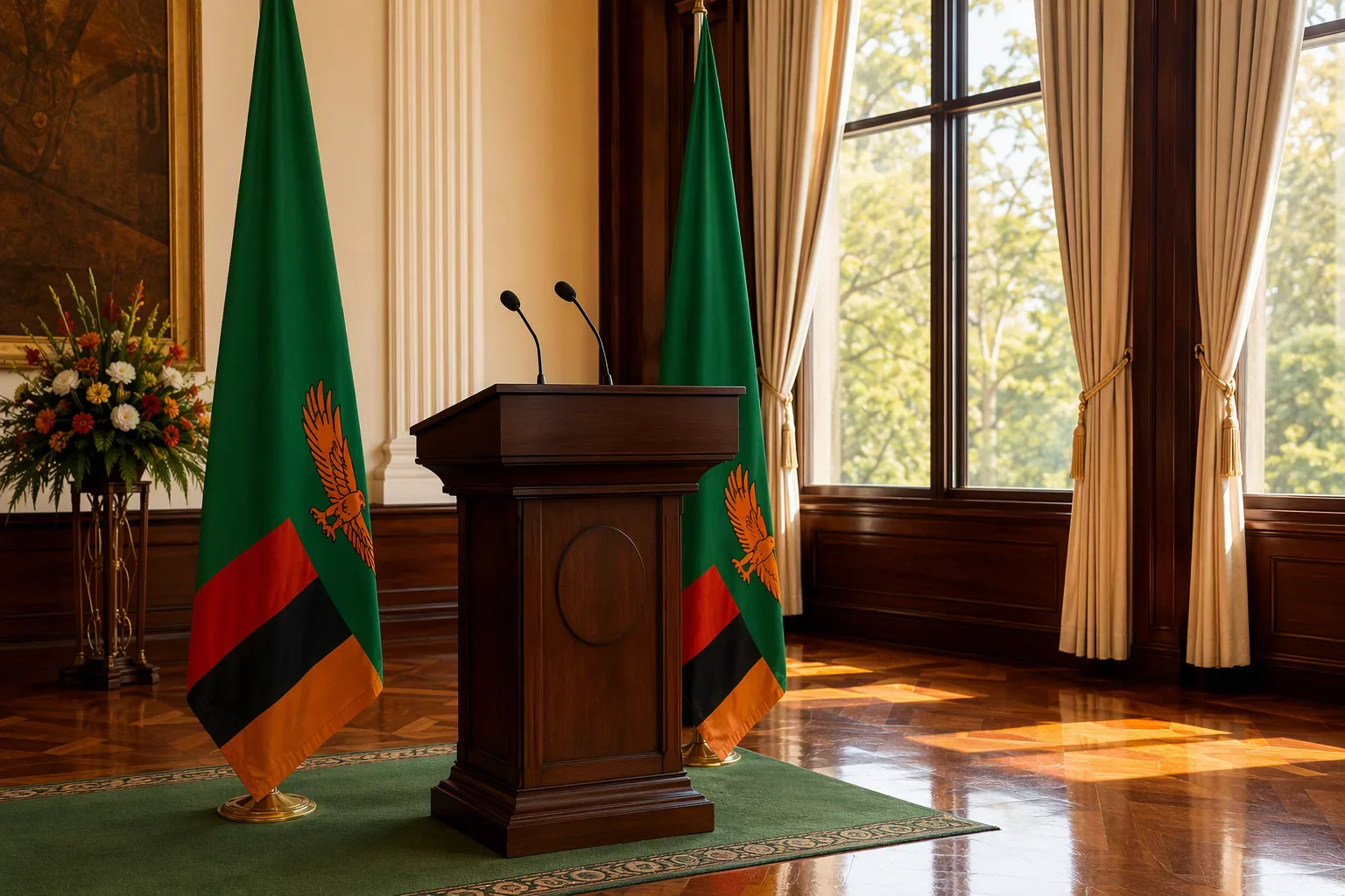 A formal State House ceremony room with the Zambian flag beside a wooden lectern