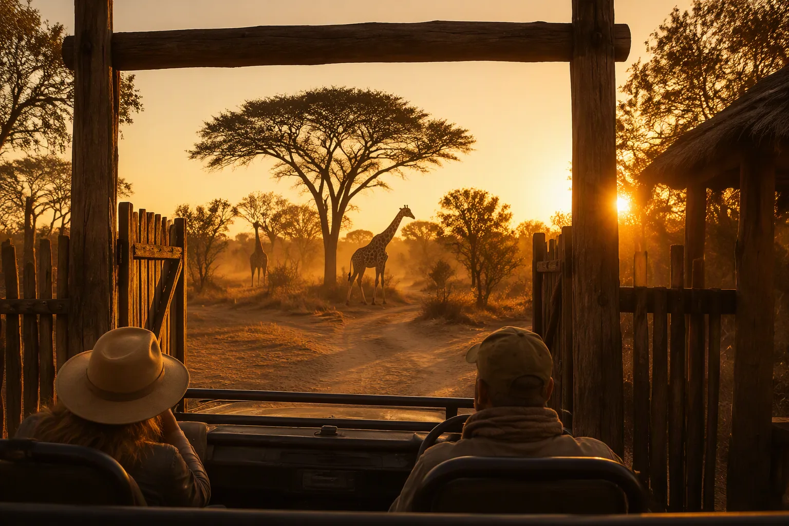 A safari vehicle at the wooden gate of a national park at golden hour with giraffes in the distance