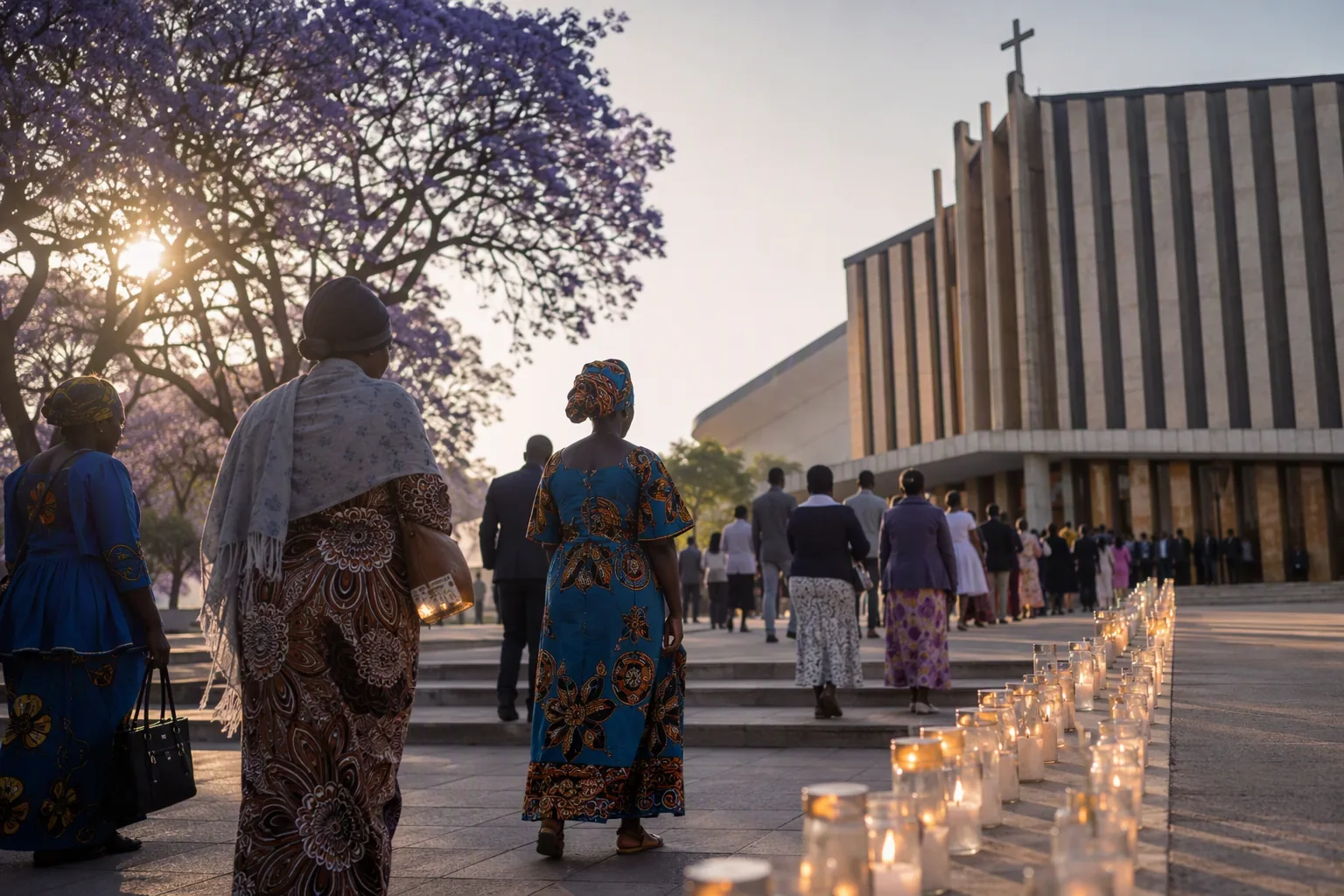 Congregants arriving for an early morning Mass at a Lusaka cathedral, candles lit at the steps