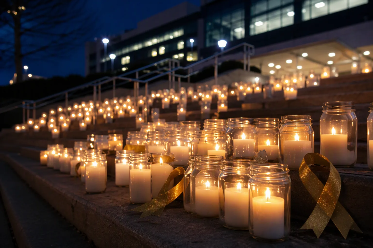 Rows of lit candles in glass jars on hospital steps at night