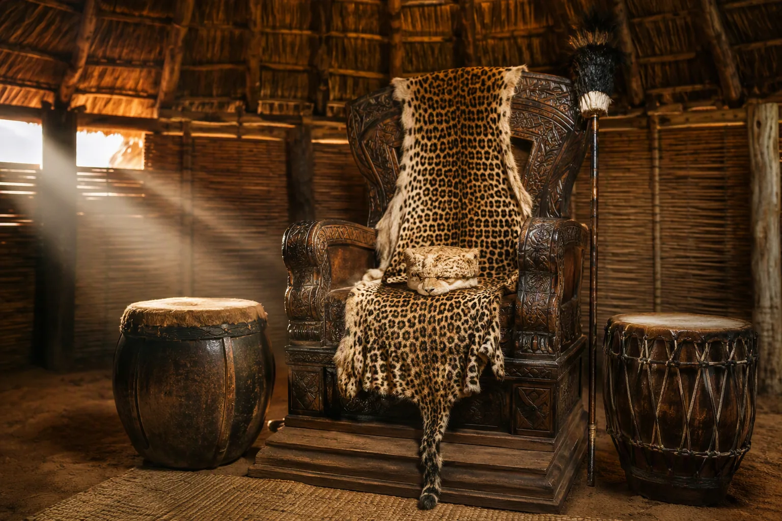A carved wooden seat and ceremonial regalia inside a thatched royal meeting shelter