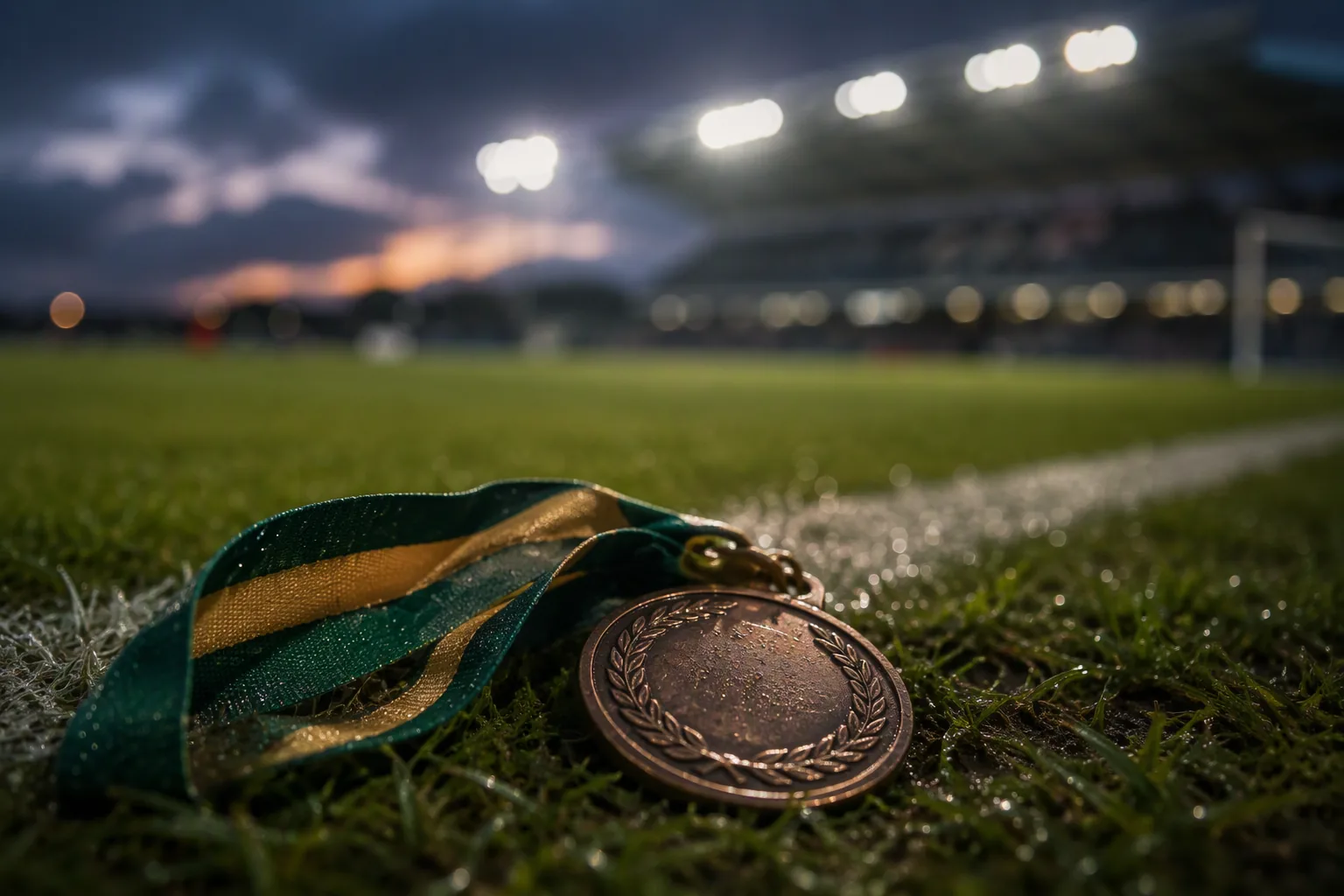 A bronze medal with a ribbon lying on grass beside a floodlit pitch at dusk
