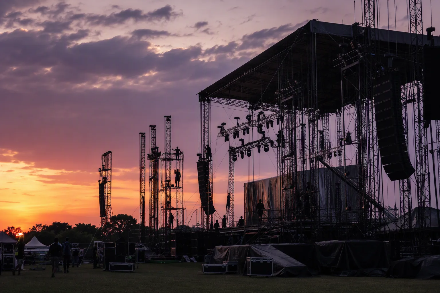 A large outdoor concert stage being rigged at dusk on a polo field