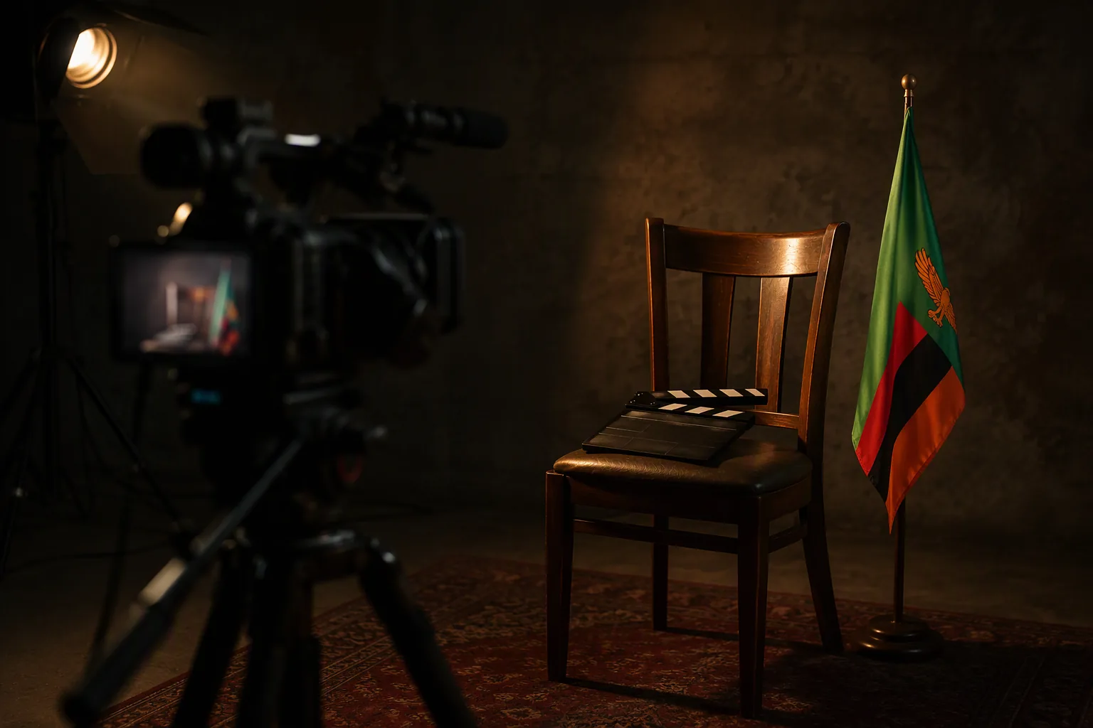 A broadcast camera trained on an empty chair beside a small Zambian flag in a dim studio