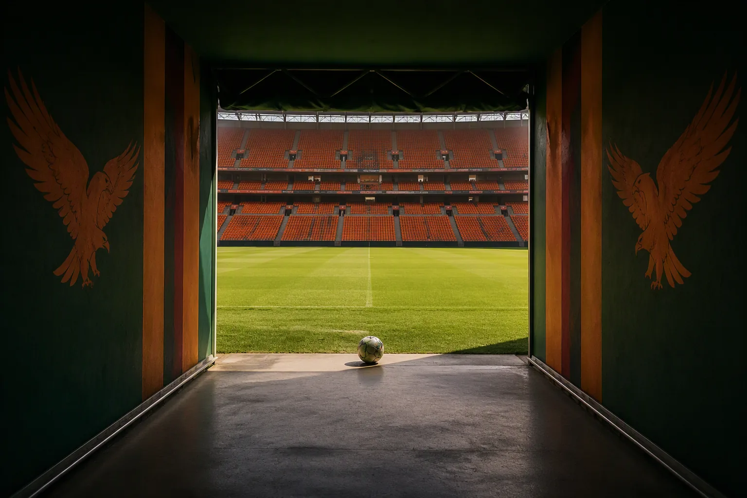 A players' tunnel leading out to a sunlit empty football pitch
