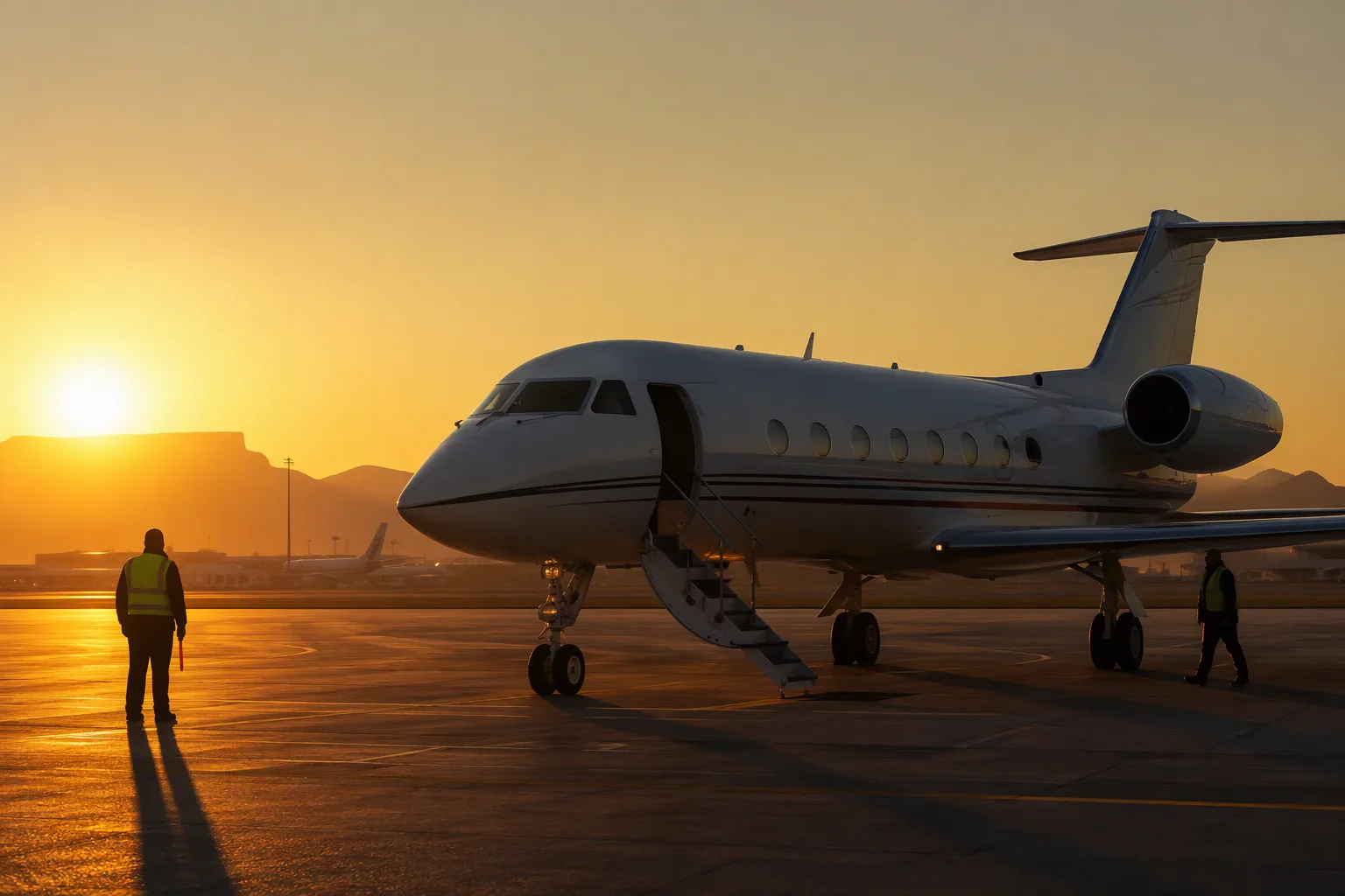 A white government jet on an airport apron at dawn with airstairs down