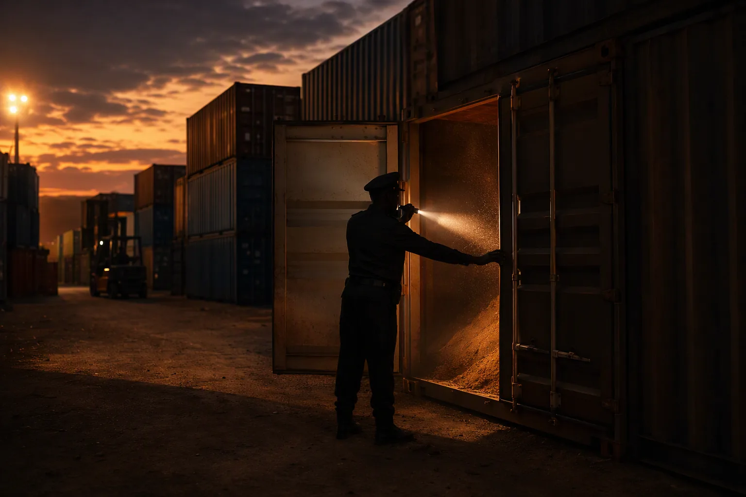 A customs officer inspecting a forty-foot container at a depot at dusk