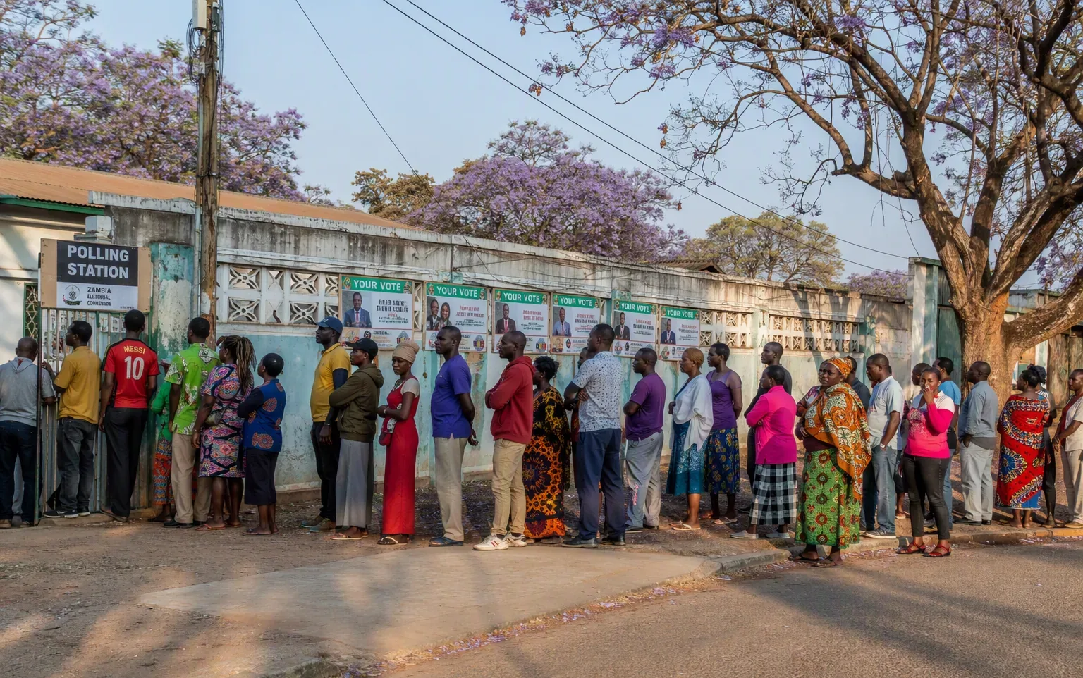 Voters queuing outside a polling station in Lusaka