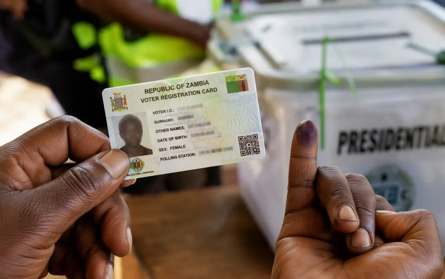 A hand holding a voter registration card near a ballot box